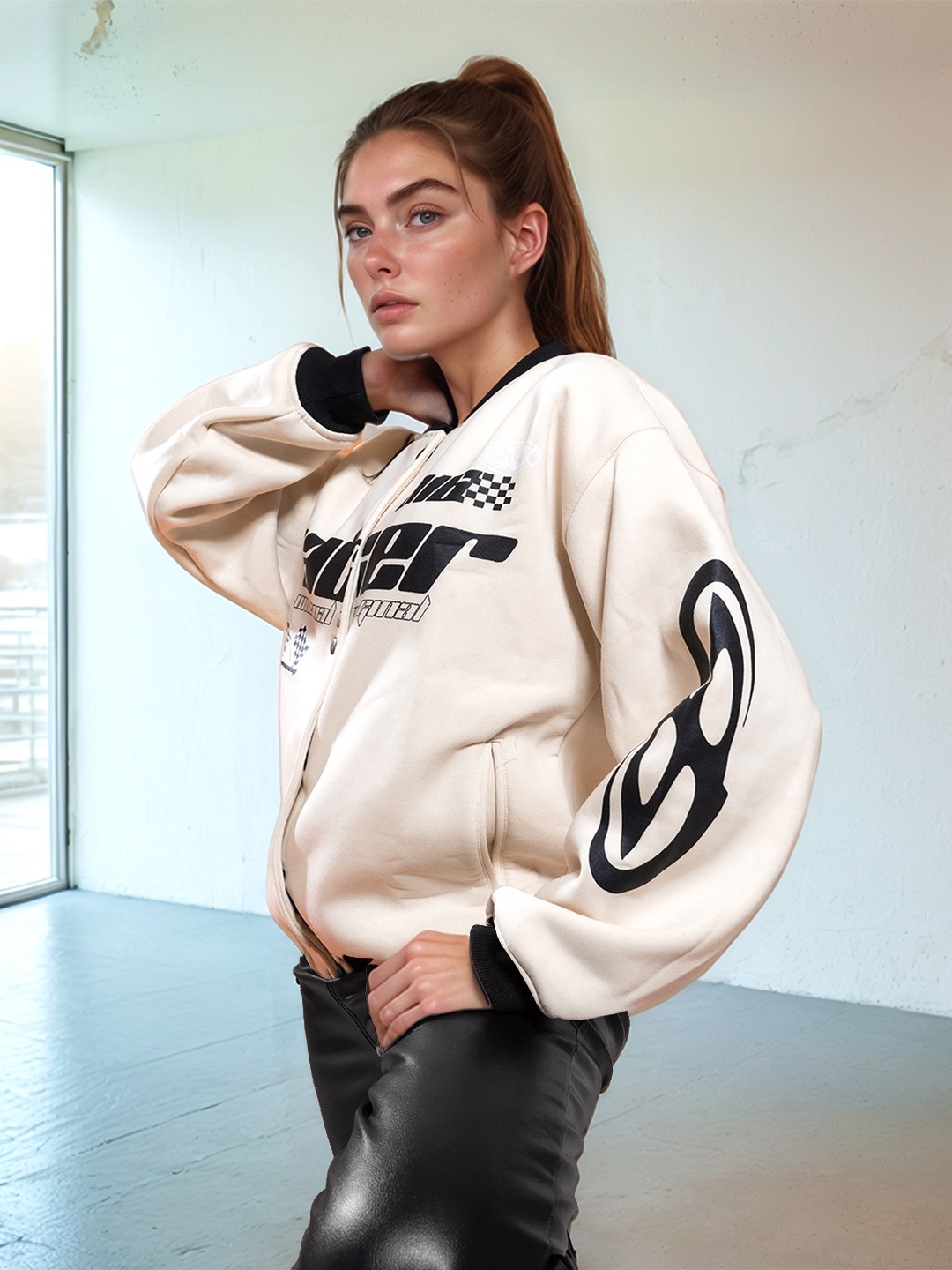 

Stylecast X Hersheinbox Women Pure Cotton Fleece Knitted Varsity Jacket, White