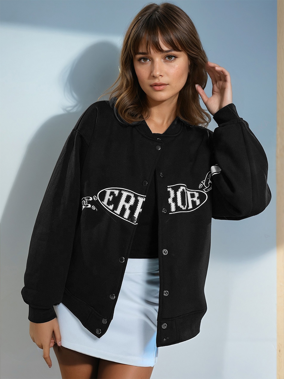 

Stylecast X Hersheinbox Mandarin Collar Graphic Printed Varsity Jacket, Black