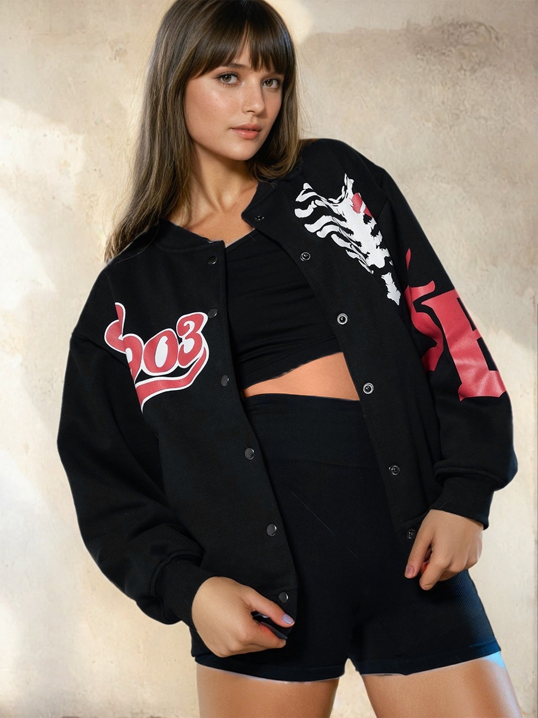 

Stylecast X Hersheinbox Mandarin Collar Graphic Printed Varsity Jacket, Black