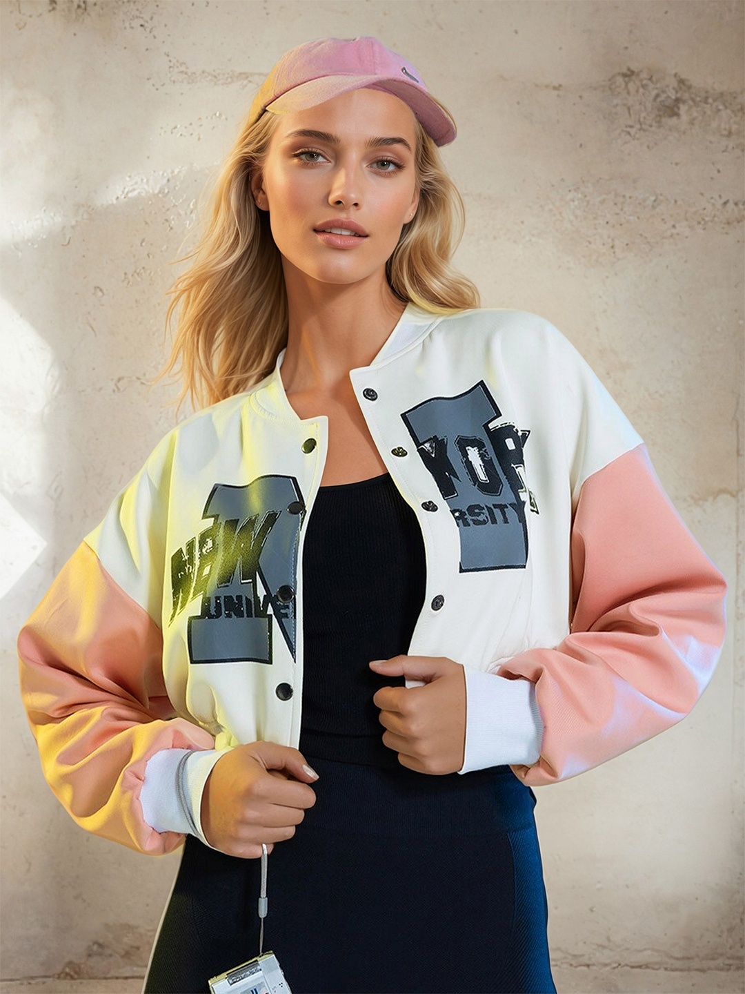

Stylecast X Hersheinbox Typography Printed Crop Bomber Jacket, Cream