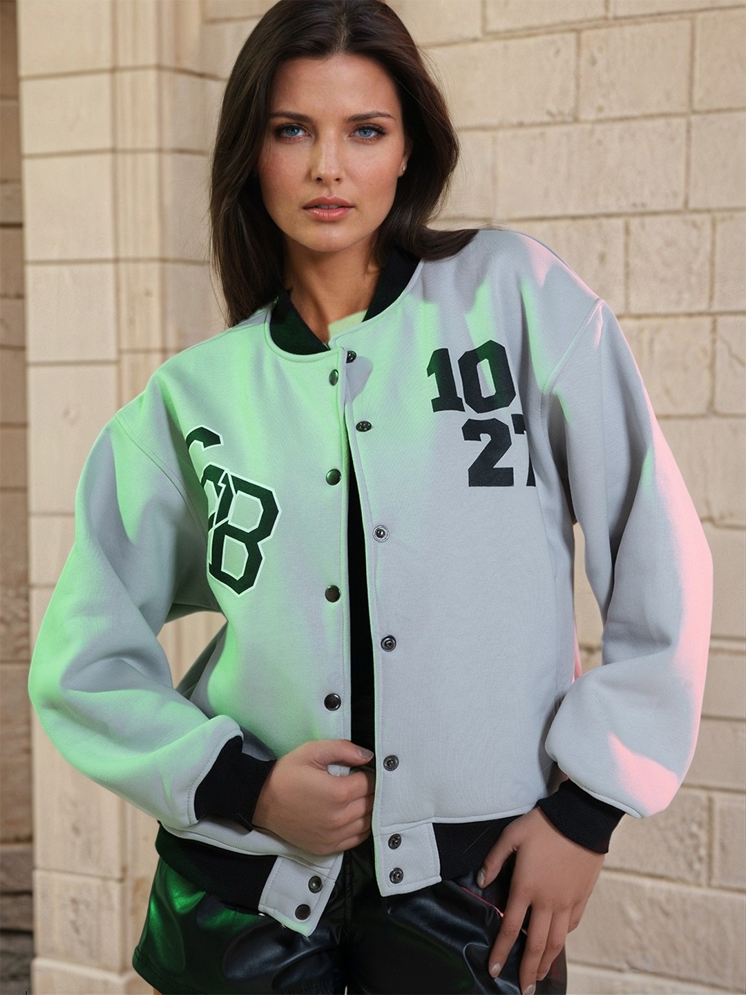 

Stylecast X Hersheinbox Typography Printed Stand Collar Bomber Jacket, Grey