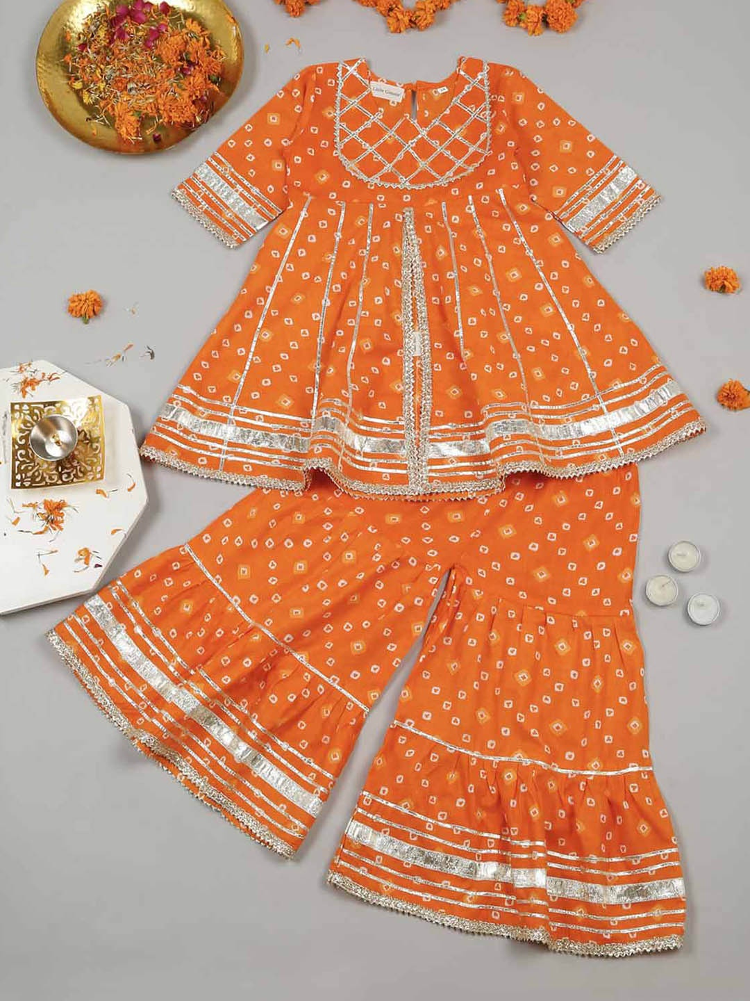 

LITTLE GINNIE Girls Bandhani Printed Gotta Patti Pure Cotton Kurti with Sharara, Orange