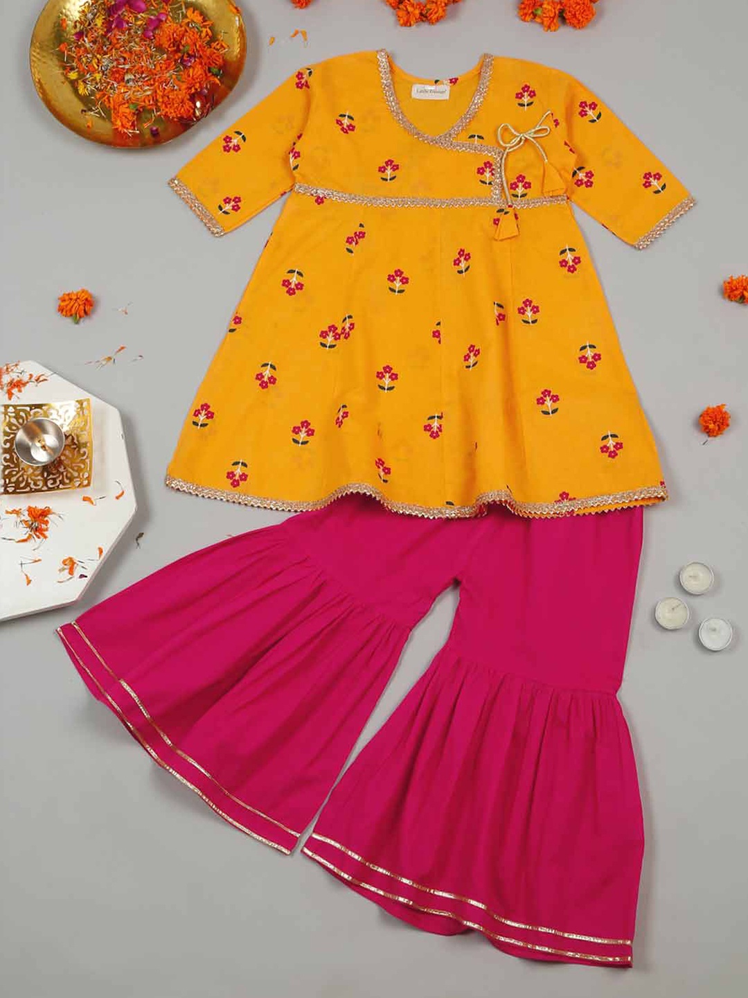 

LITTLE GINNIE Girls Floral Printed Gotta Patti Pure Cotton Kurti with Sharara, Yellow