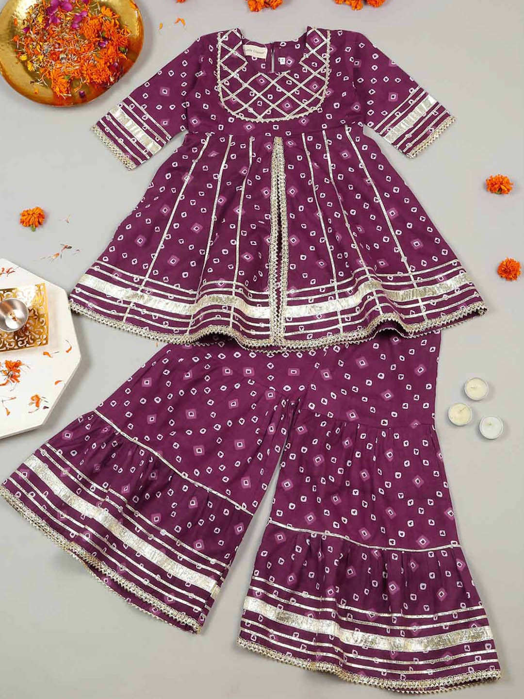 

LITTLE GINNIE Girls Bandhani Printed Gotta Patti Pure Cotton Kurti with Sharara, Purple