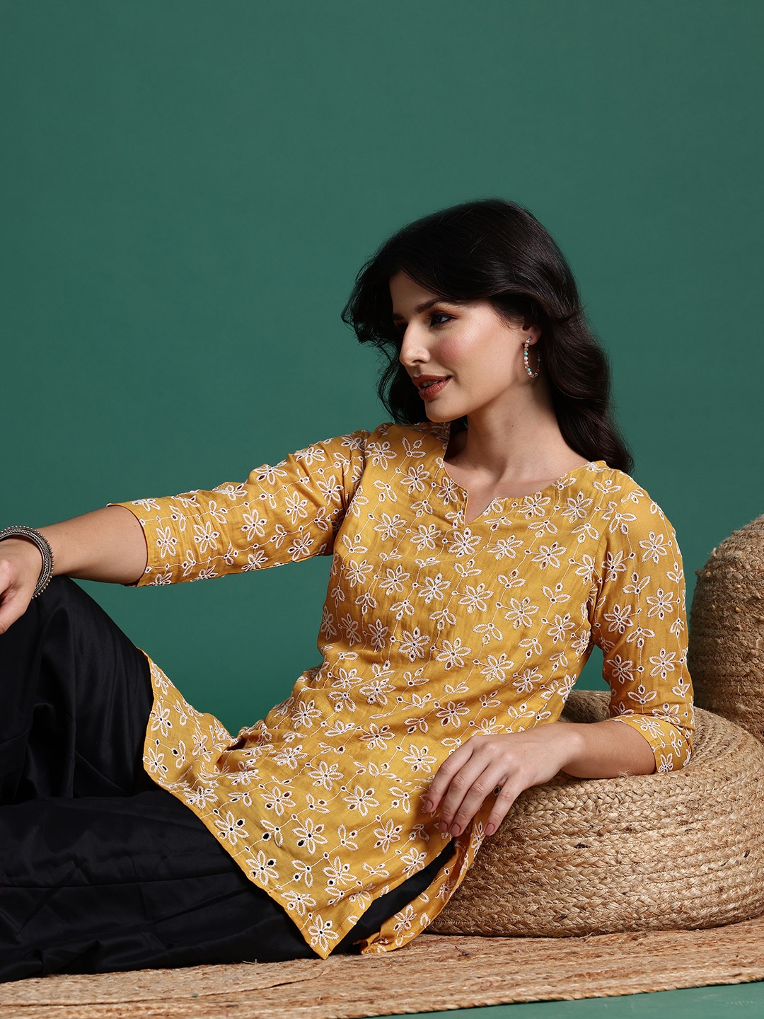 

Sangria Floral Embroidered Schiffli Kurta, Mustard