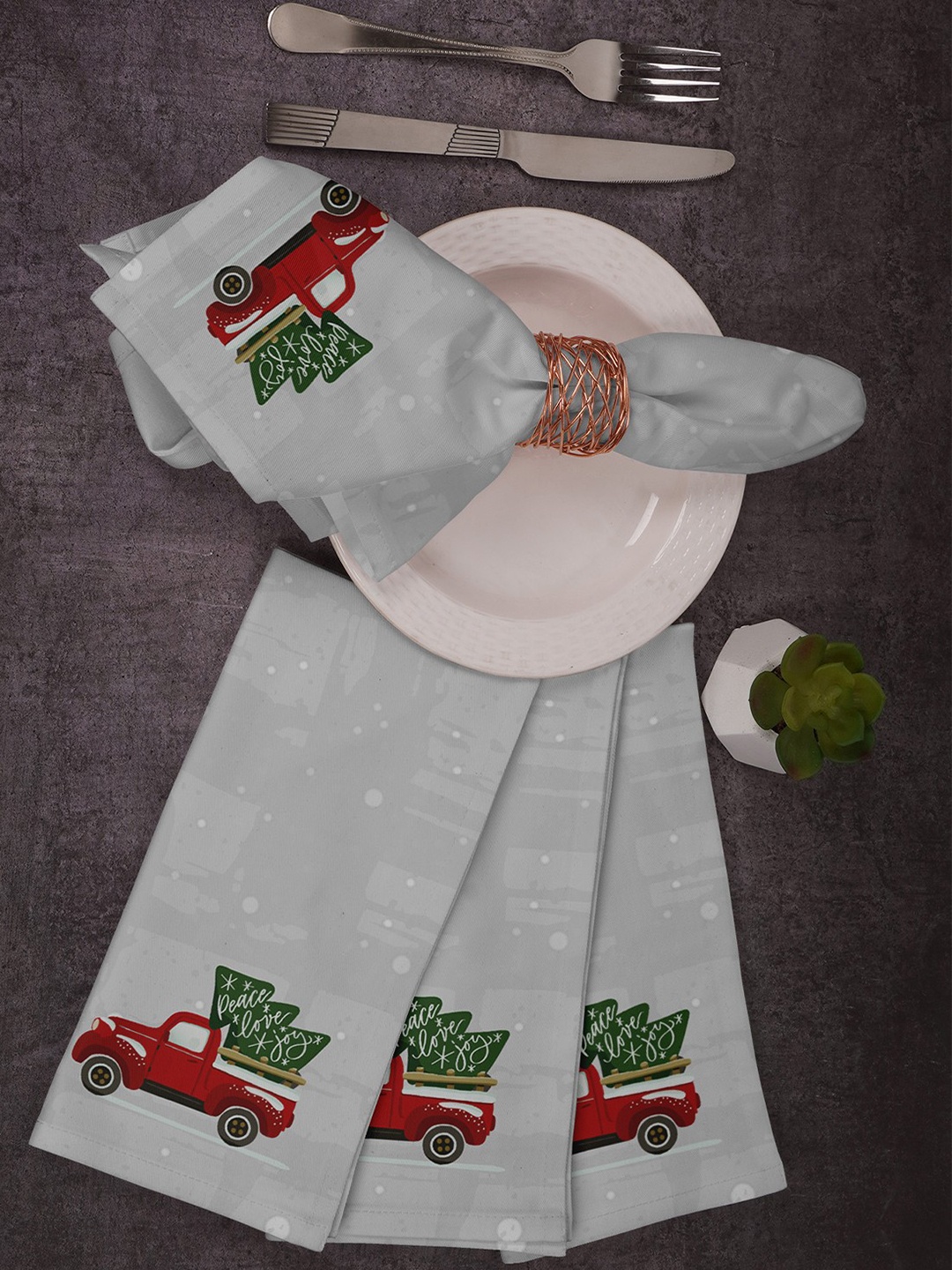 

Vargottam Grey & Red 4 Pieces Printed Cotton Table Napkins