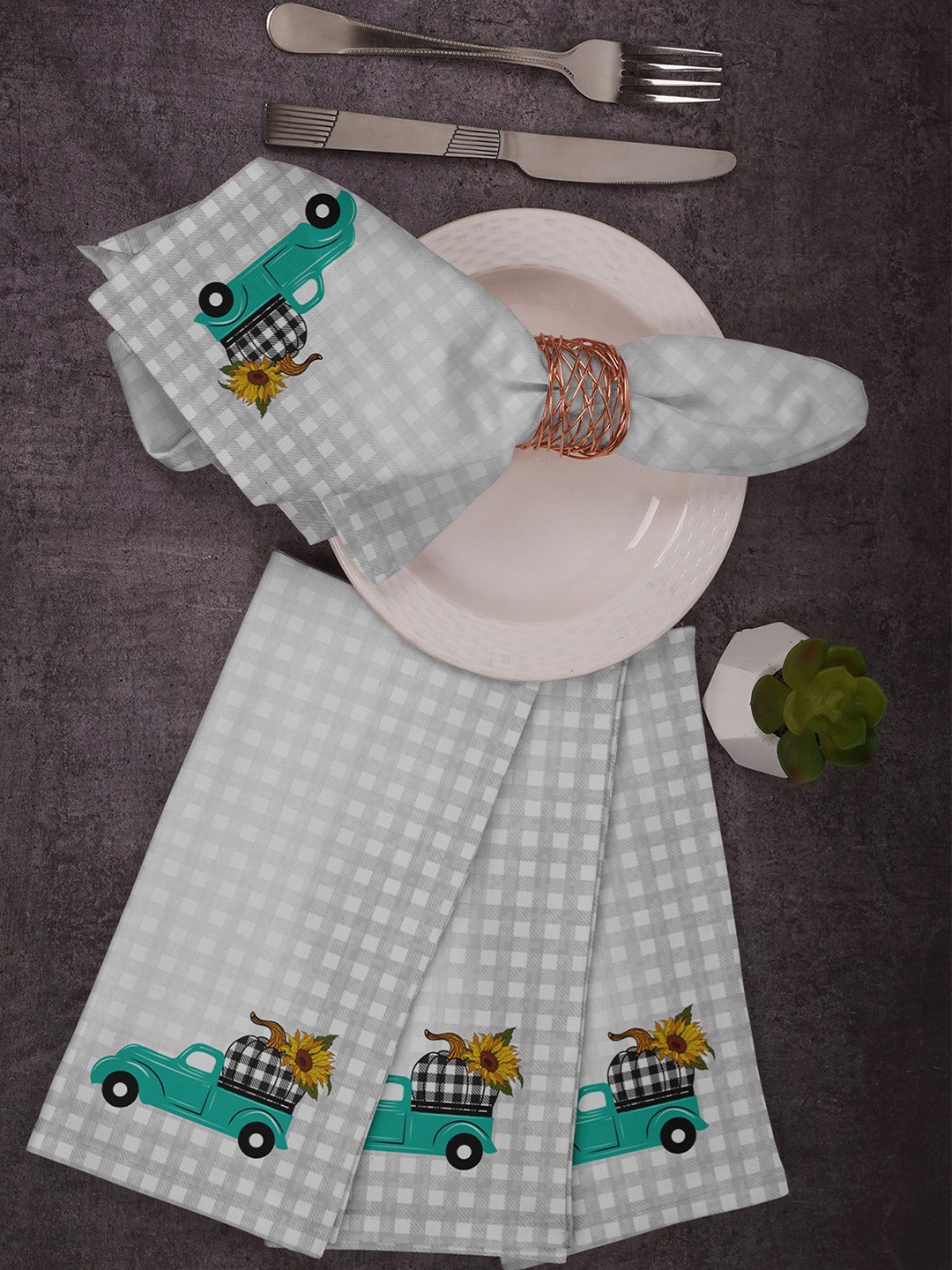 

Vargottam Turquoise Blue & Grey 4 Pieces Printed Cotton Table Napkins