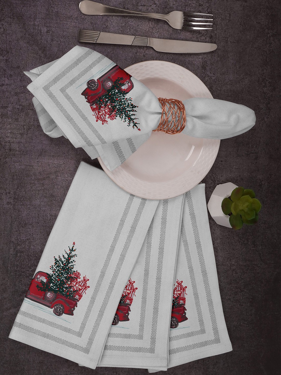 

Vargottam White & Red 4 Pieces Floral Printed Cotton Reusable Napkins