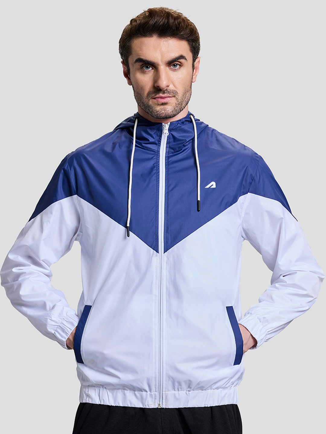 BOLDFIT Men Hooded Colourblocked Windcheater Jacket, White