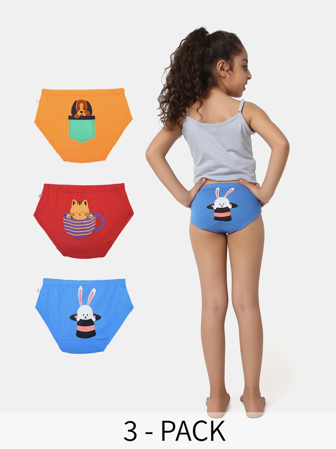 

You Got Plan B Girls Pack Of 3 Cotton Printed Mid-Rise Basic Briefs UG-TinyPets: 1-2, Orange