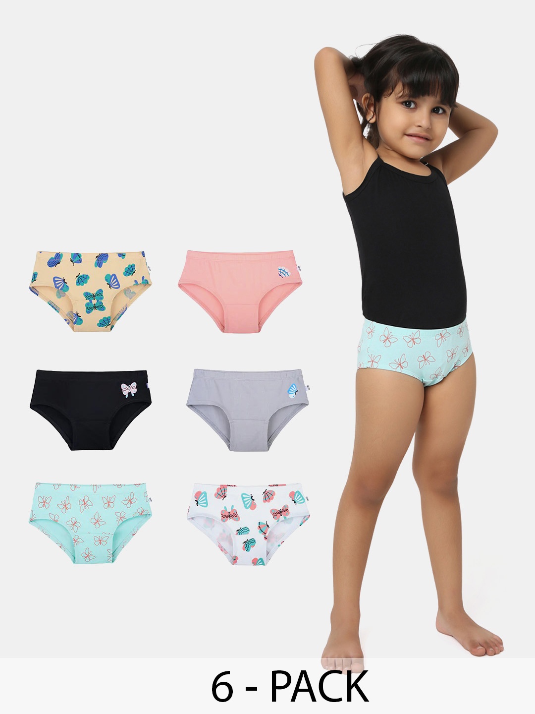 

You Got Plan B Pack Of 6 Girls Cotton Printed Mid-Rise Hipster Briefs, Black