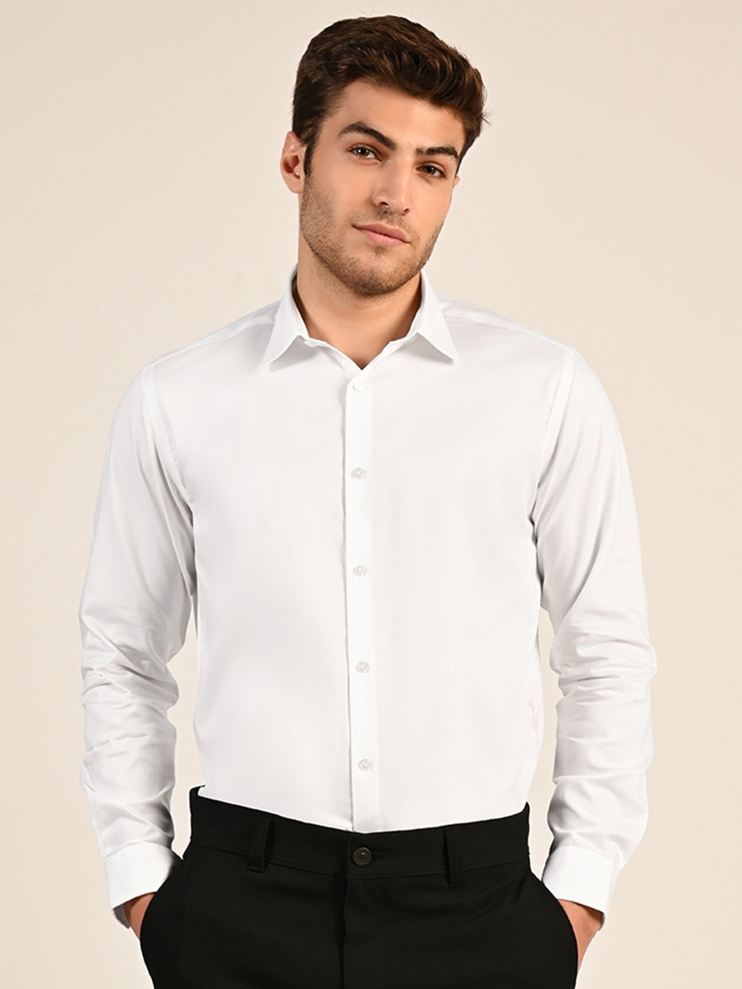 

KINGDOM OF WHITE Men Spread Collar Solid Cotton Formal Shirt