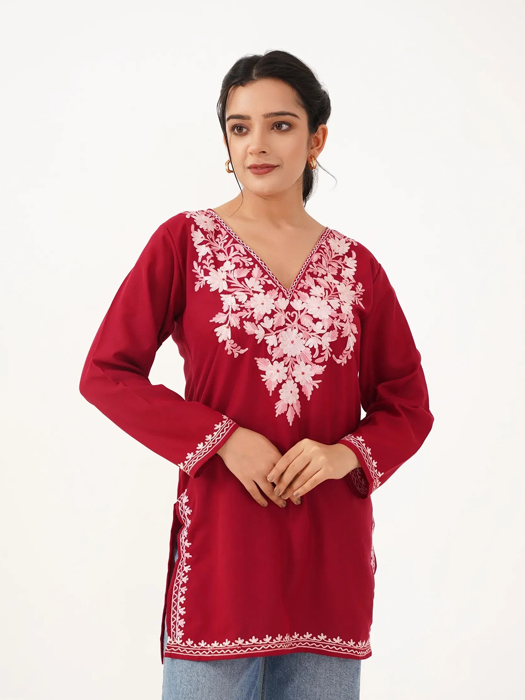 

Kashmir Box Women V-Neck Embroidered Long Sleeve Cotton Straight Top, Red