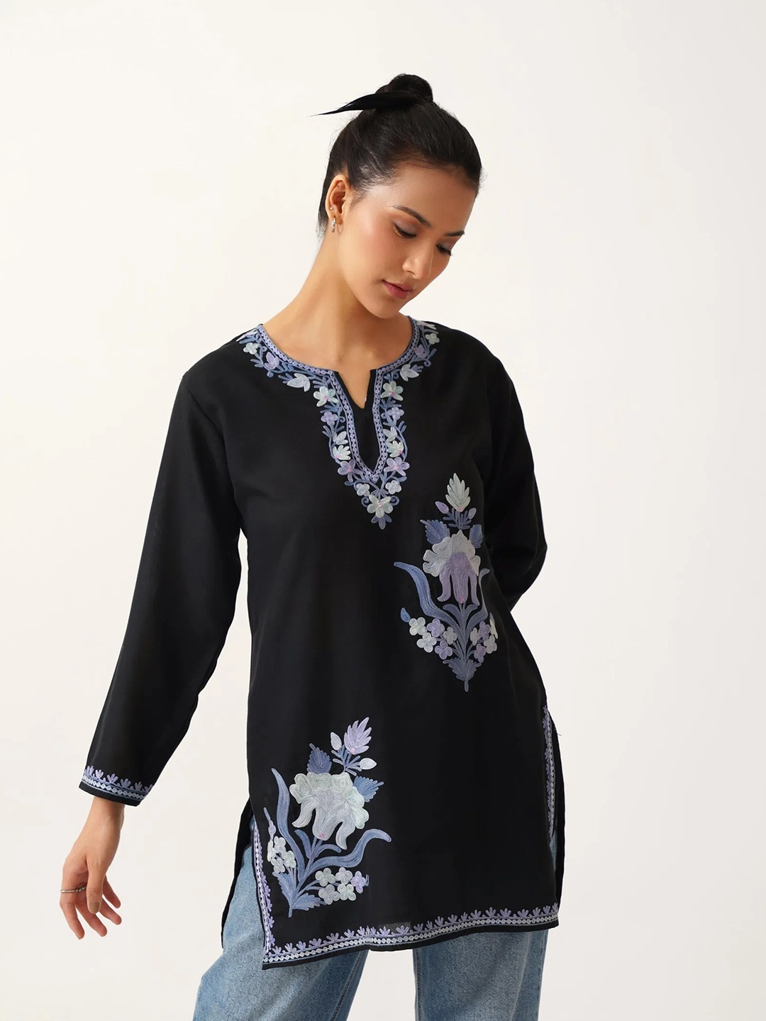 

Kashmir Box Women Round Neck Embroidered Long Sleeve Cotton Top, Black