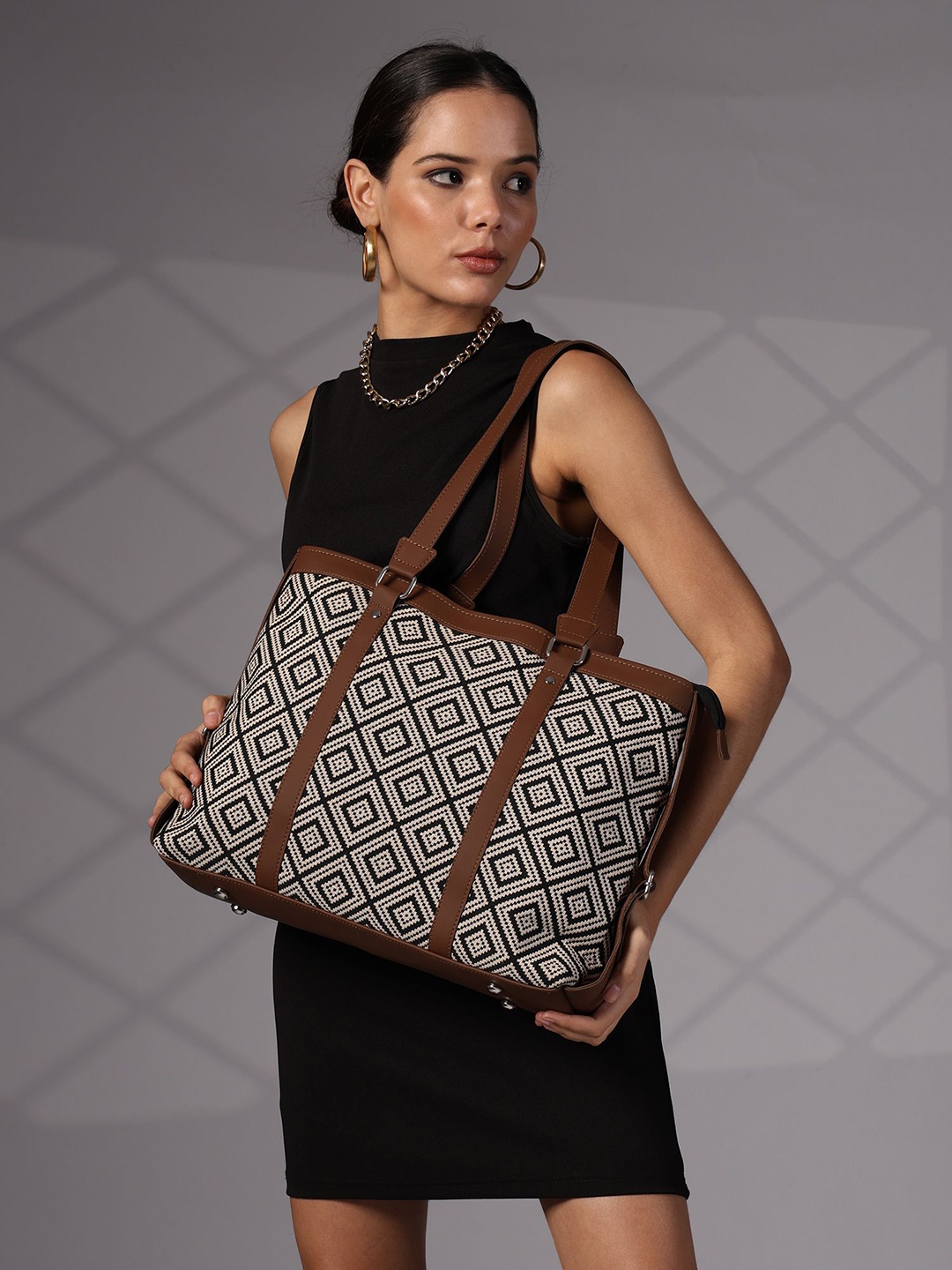 

ENSAC Women Geometric Printed Structured Cotton Shoulder Bag, Brown