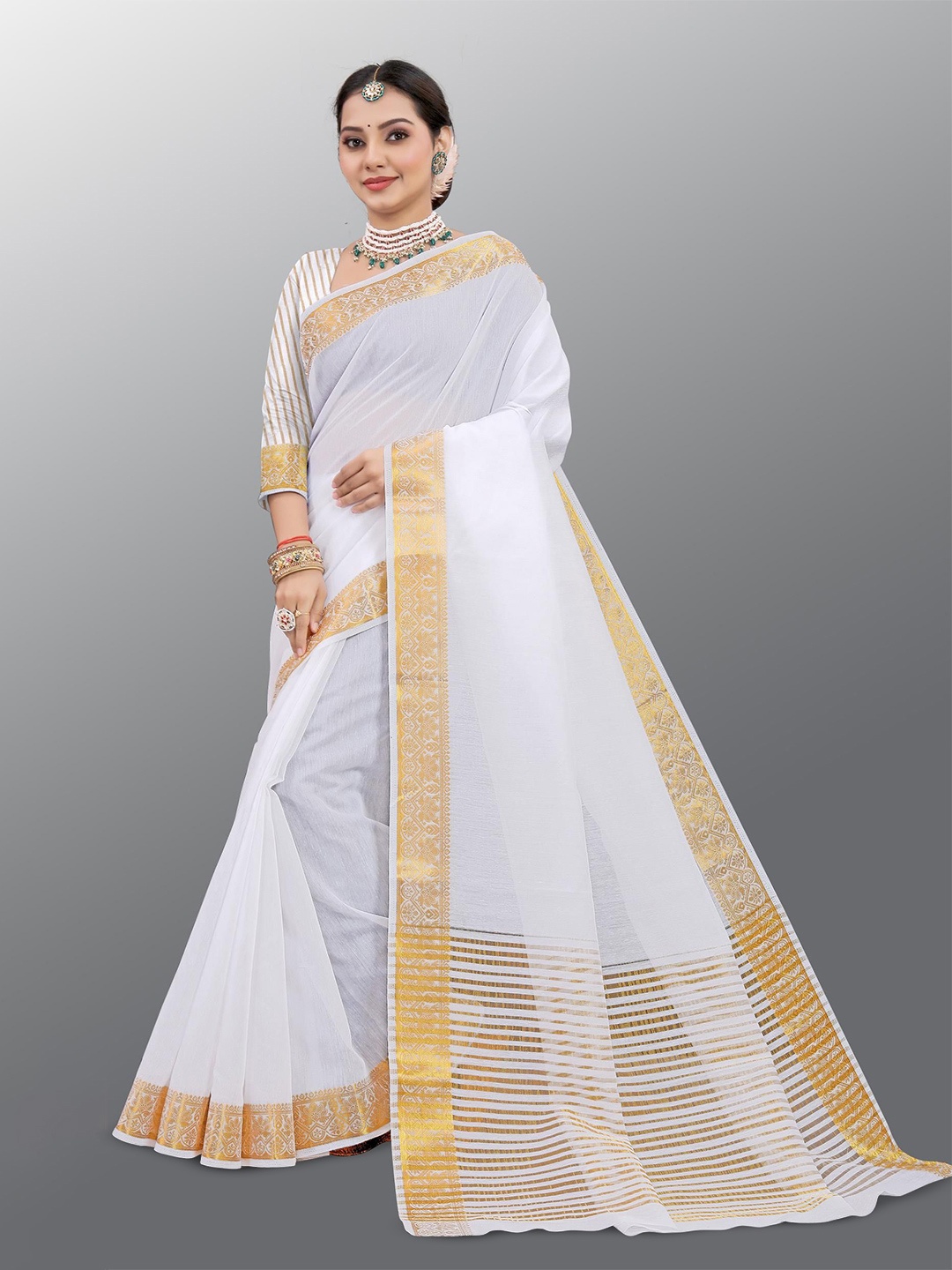 

THE52 Zari Pure Silk Kasavu Jacquard Traditional Saree, White