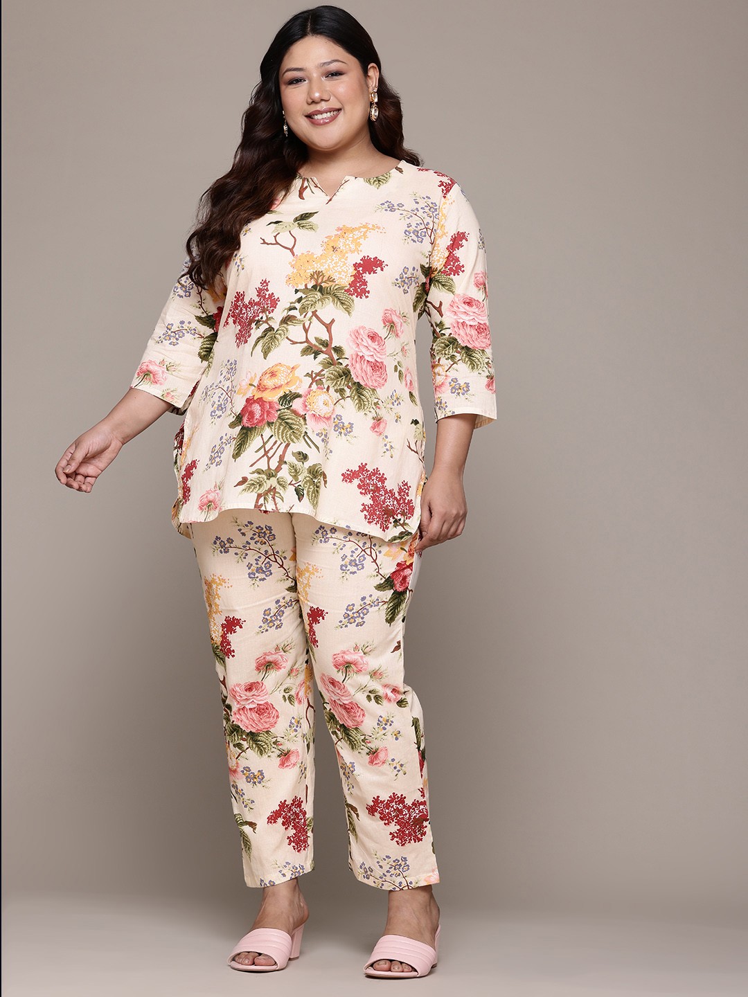 

Readiprint Plus Size Floral Printed Pure Cotton Tunic and Palazzo, Off white