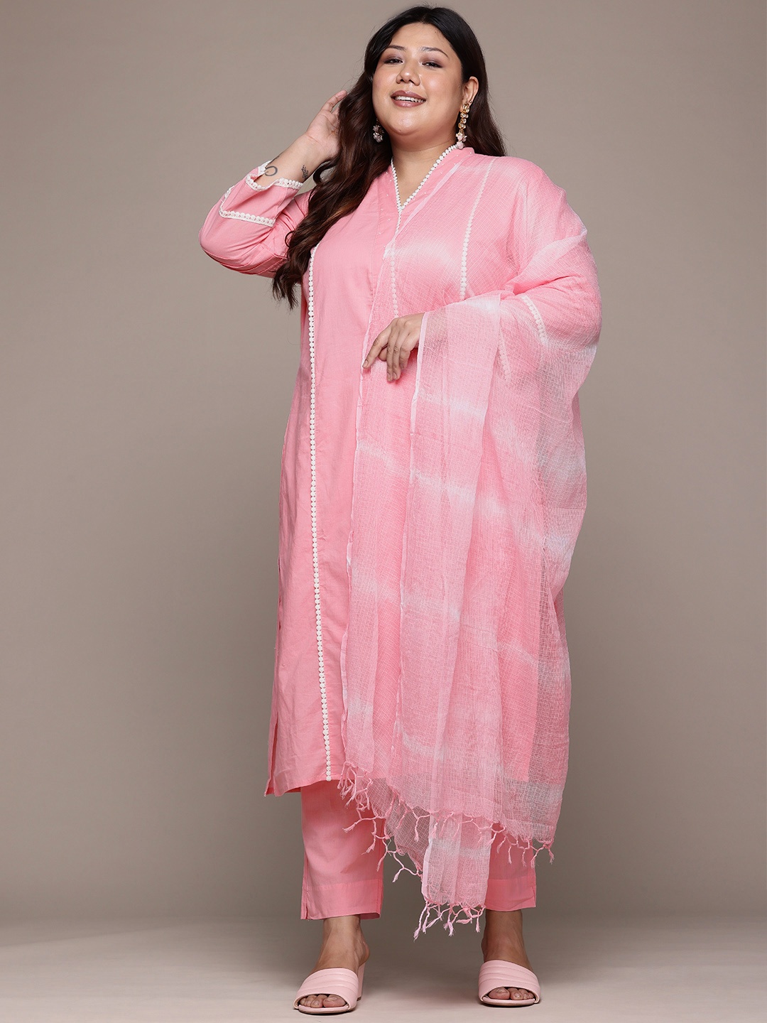 

Readiprint Plus Size Embellished Pure Cotton Kurta with Palazzos & With Dupatta, Pink