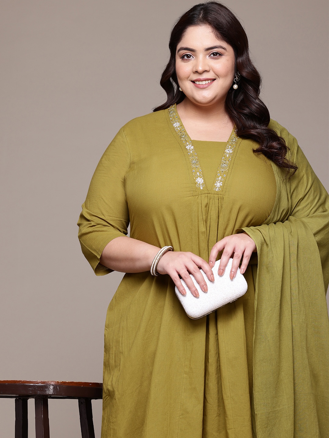 

Readiprint Plus Size Floral Pleated Aari Work Pure Cotton Kurta Set with Dupatta, Olive