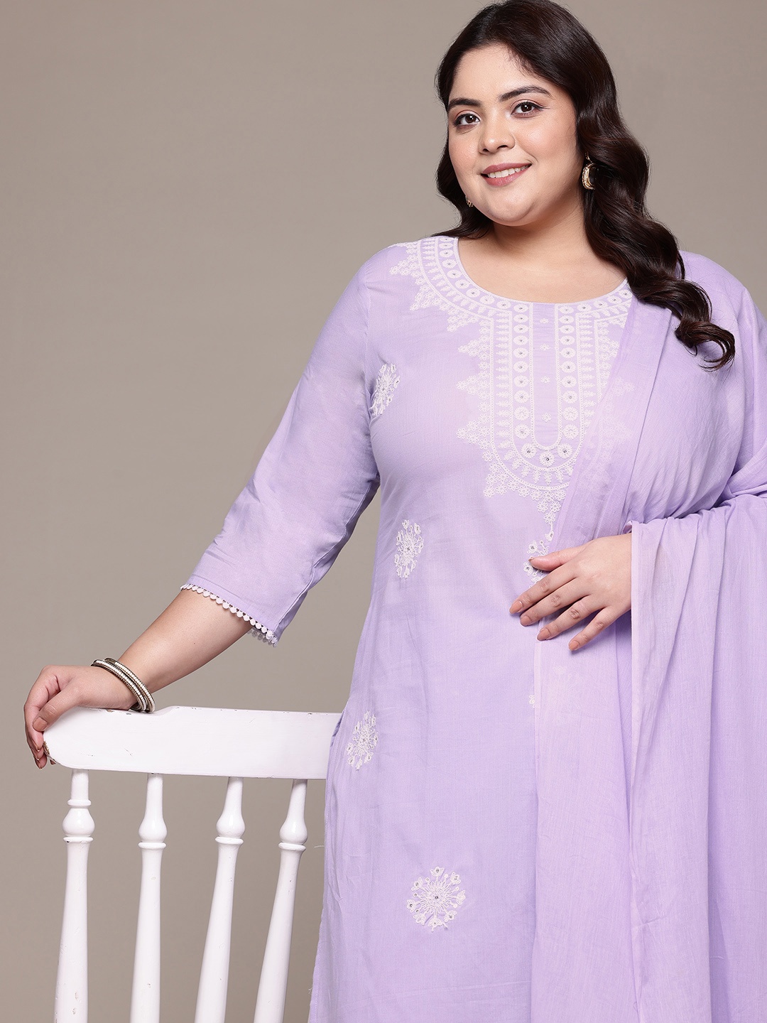 

Readiprint Plus Size Floral Thread Work Pure Cotton Kurta with Palazzos & Dupatta, Lavender