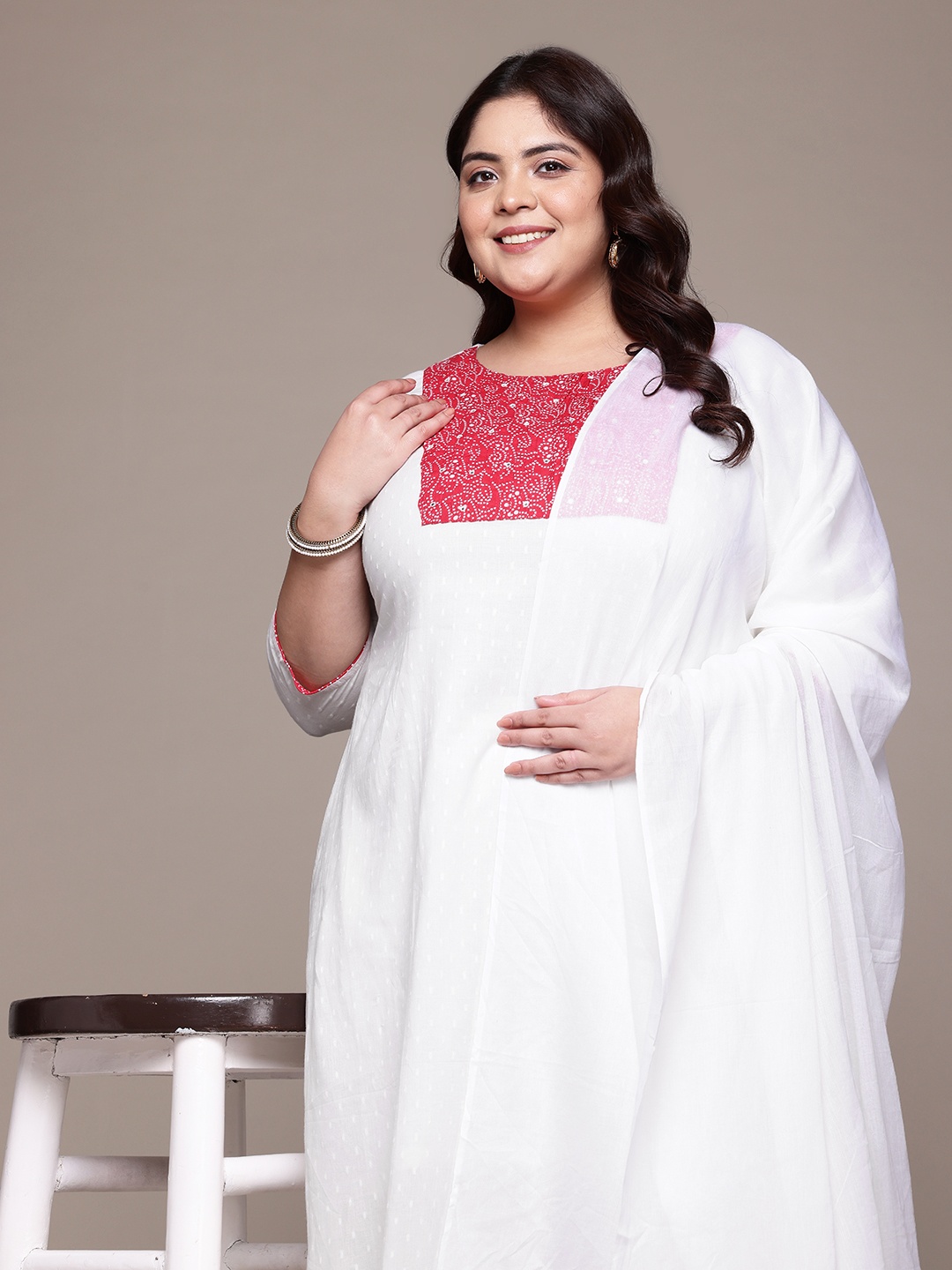 

Readiprint Plus Size Bandhani Yoke Design Pure Cotton Kurta Set with Dupatta, White