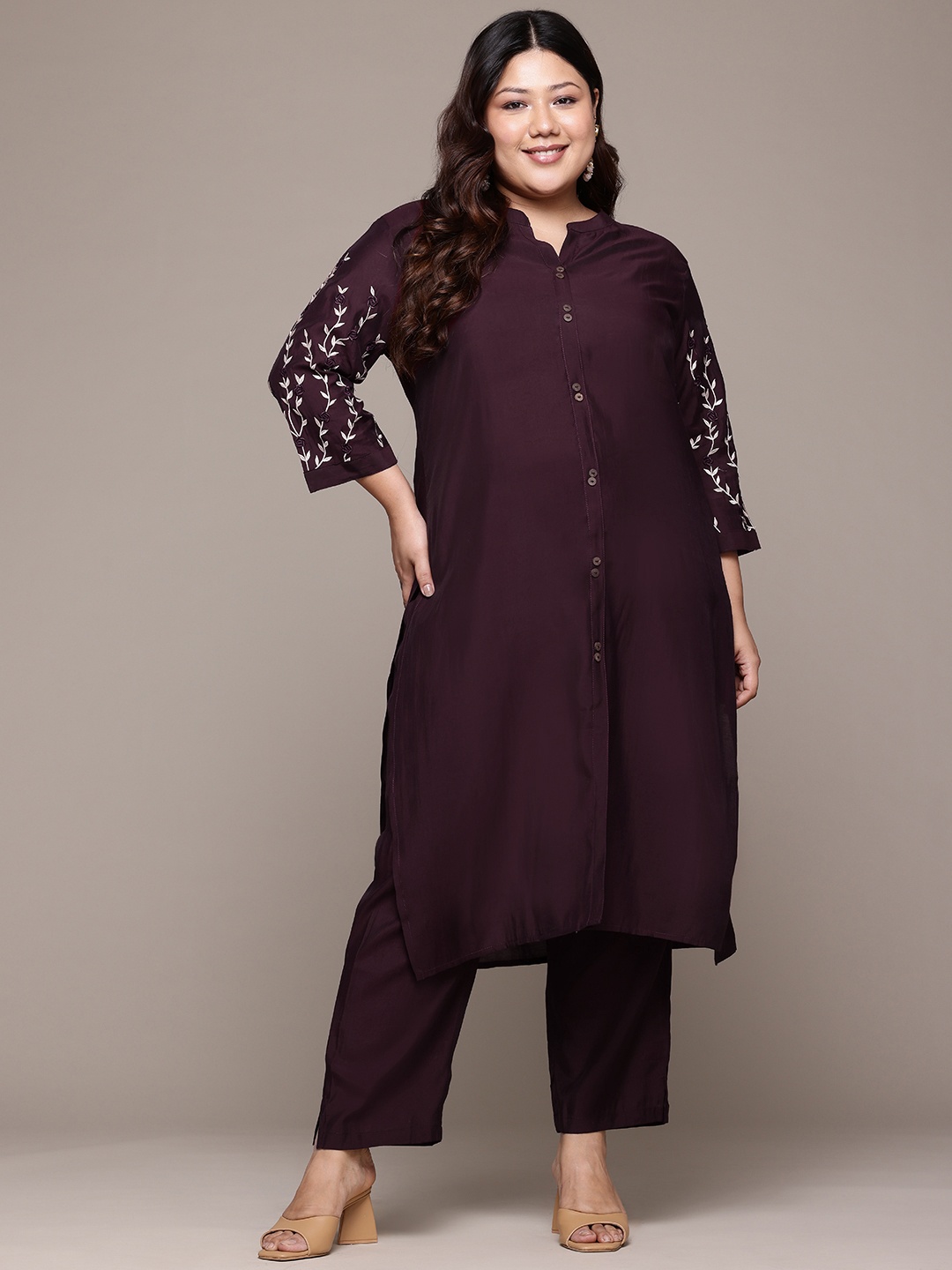 

Readiprint Plus Size Floral Thread Work Pure Silk Kurta with Palazzos, Violet