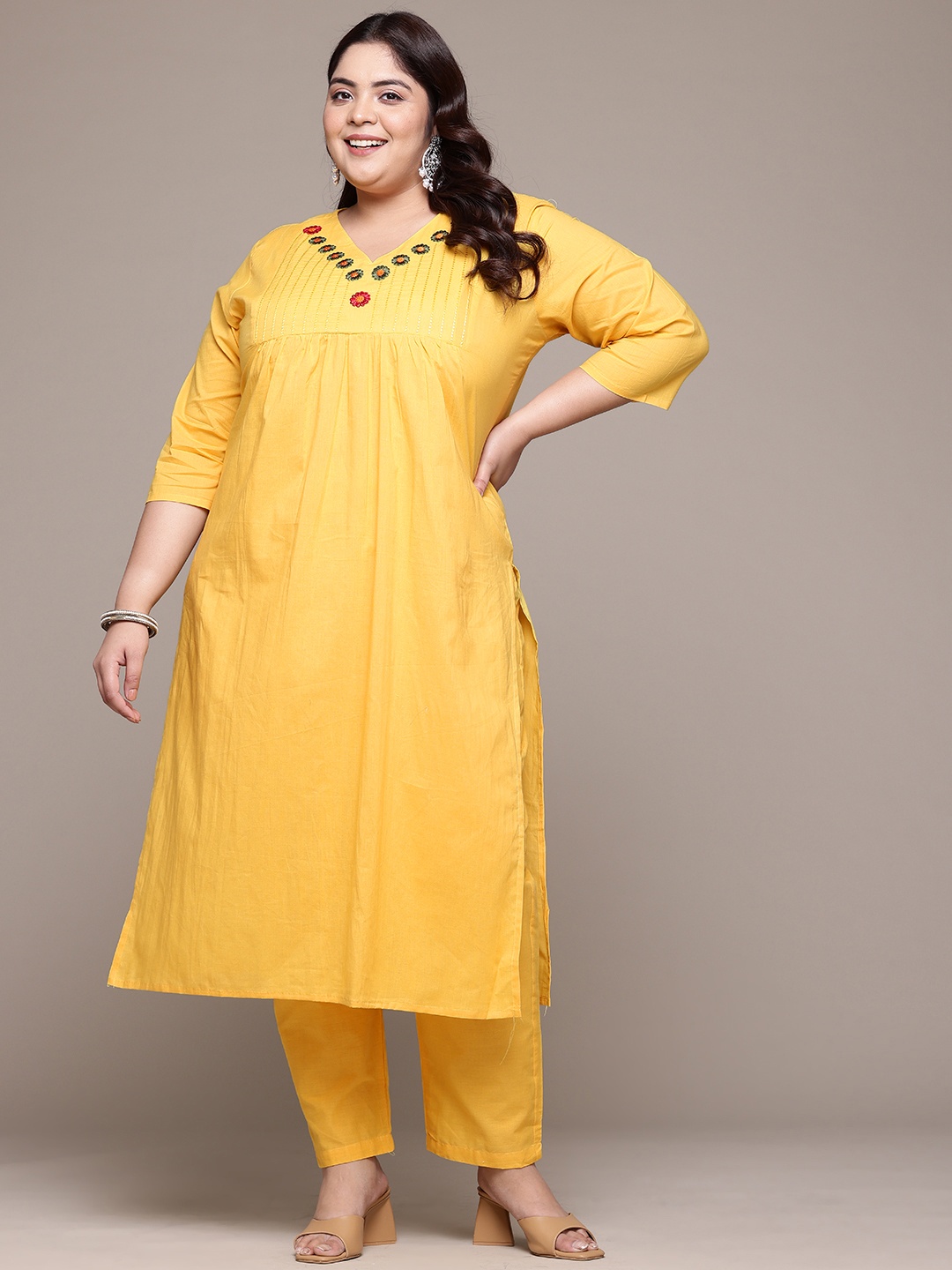 

Readiprint Plus Size Yoke Design Pleated Pure Cotton Kurta with Palazzos, Yellow