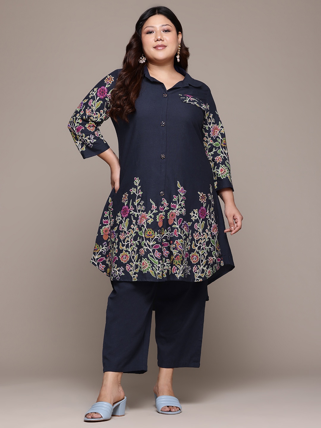

Readiprint Fashions Plus Size Floral Printed Rayon A Line Kurta and Bottom, Blue