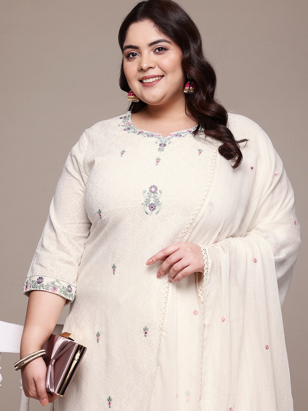 

Readiprint Fashions Plus Size Floral Thread Work Pure Cotton Kurta with Palazzos & Dupatta, Off white