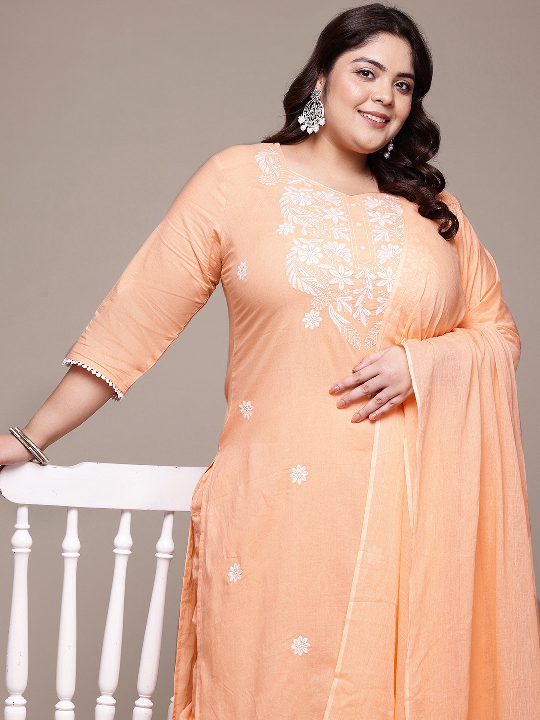 

Readiprint Fashions Plus Size Thread Work Pure Cotton Kurta with Palazzos & Dupatta, Peach