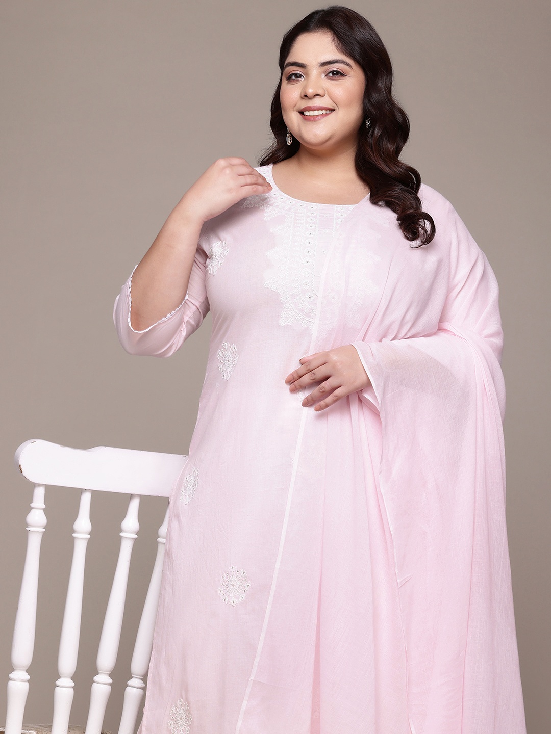 

Readiprint Plus Size Embroidered Pure Cotton Kurta with Palazzos & Dupatta, Pink