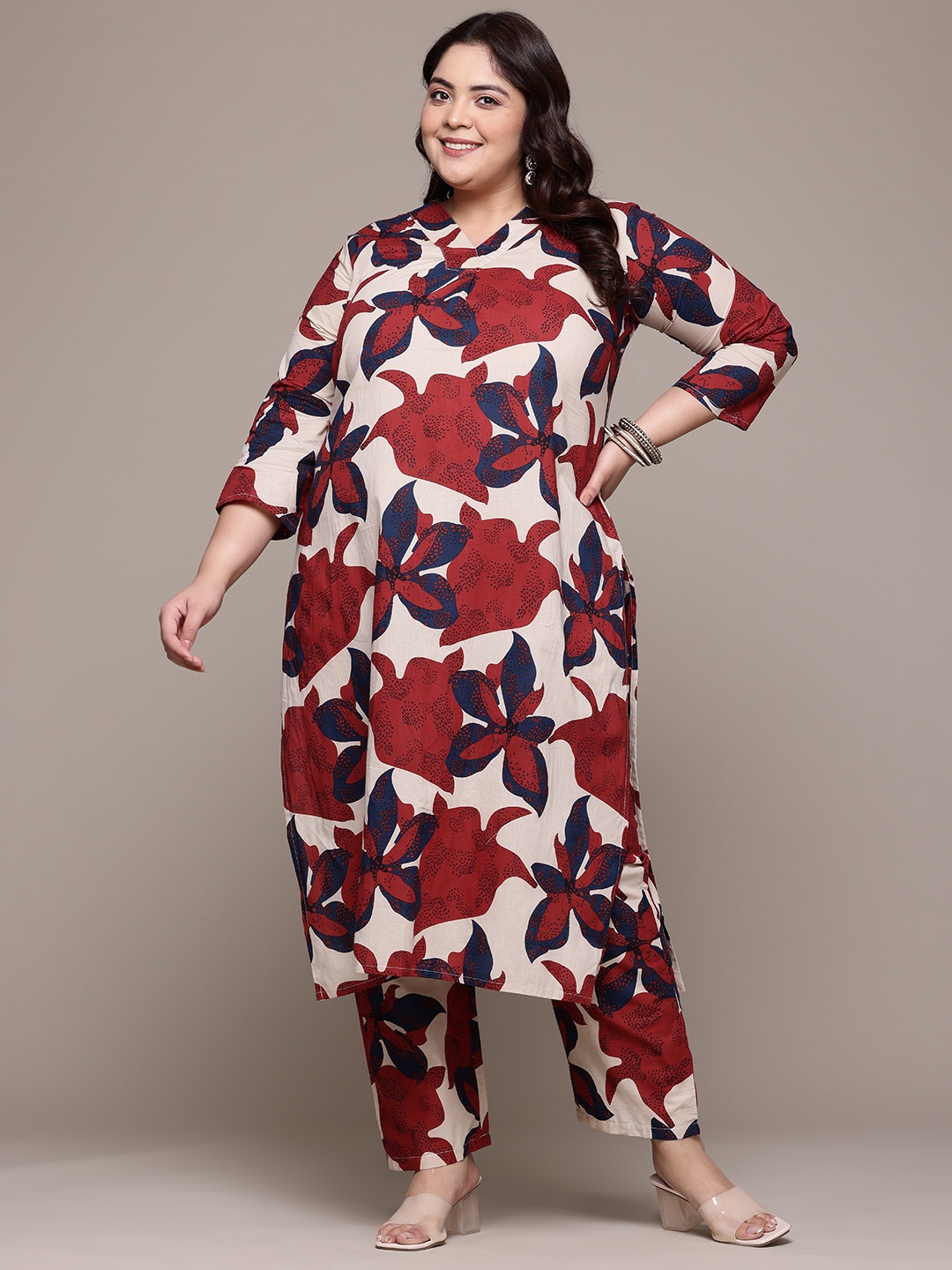 Readiprint Plus Size Printed Pleated Pure Cotton Kurta with Palazzos, Red