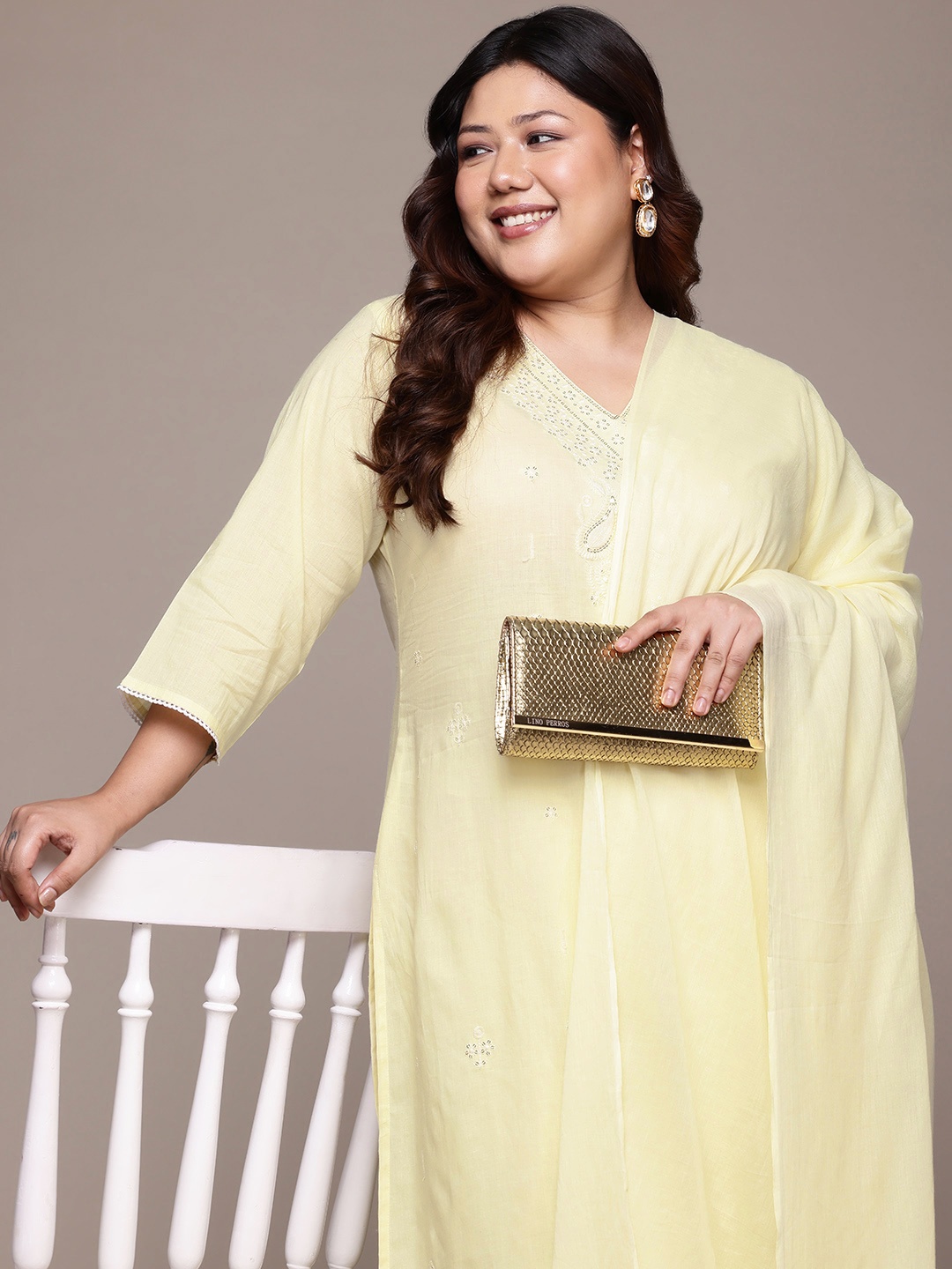 

Readiprint Fashions Plus Size Floral Thread Work Pure Cotton Kurta with Palazzos & Dupatta, Yellow