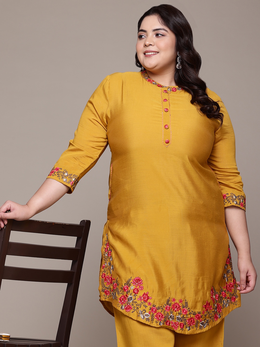 

Readiprint Plus Size Floral Thread Work Pure Silk Kurta with Harem Pants, Mustard