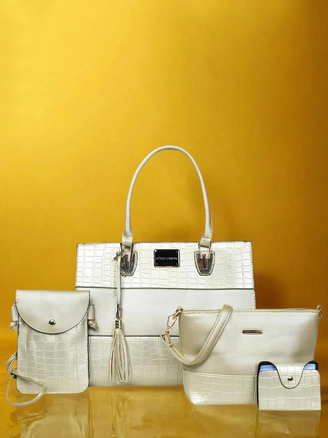 PELLE LUXUR Women Set Of 3 Textured Structured Handheld Bags With Pouch, Off white