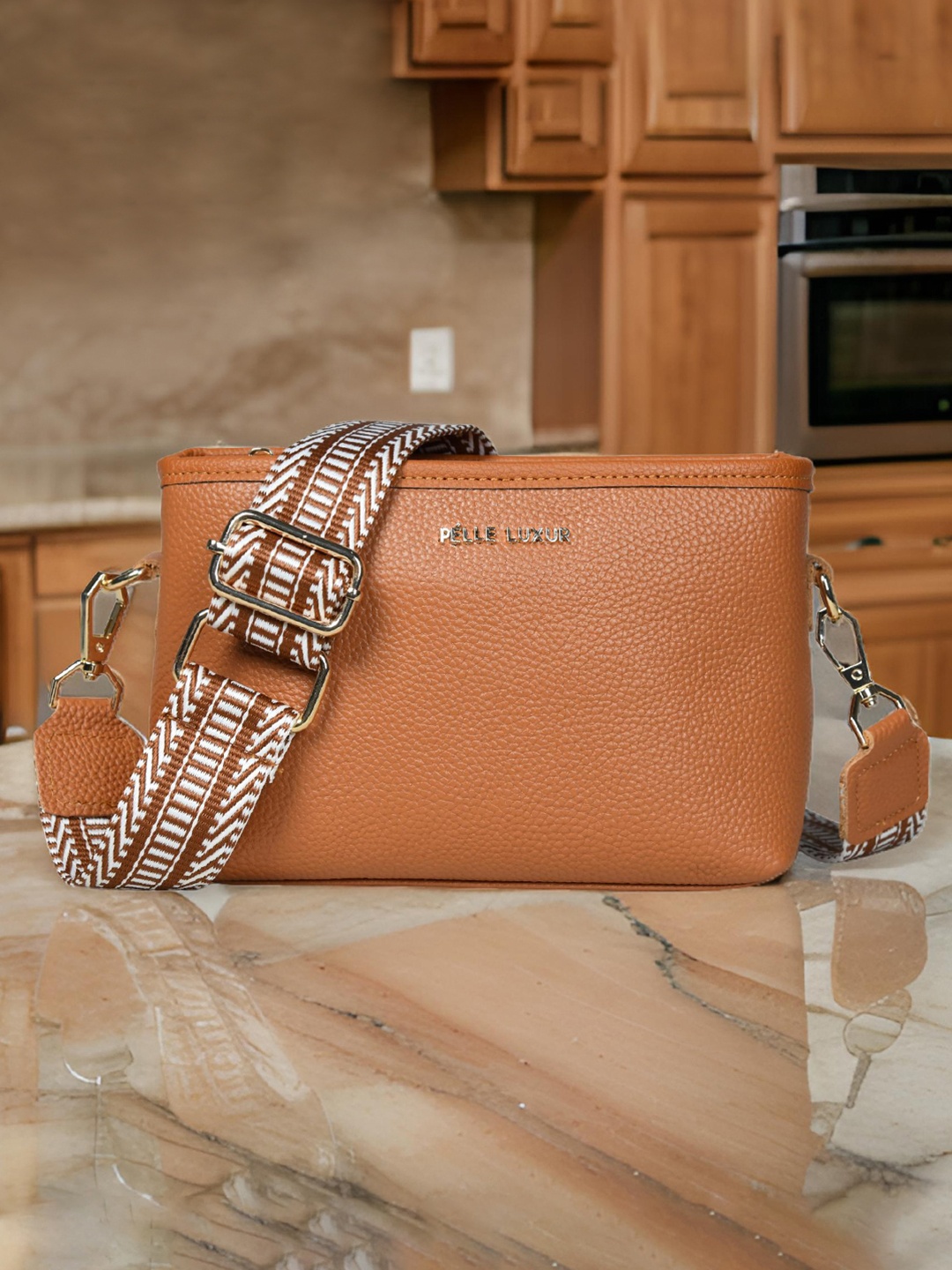 

PELLE LUXUR Women Textured Bowling Sling Bag, Tan