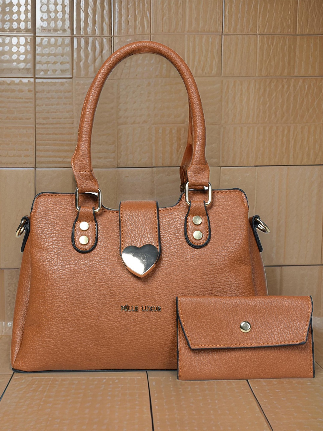 

PELLE LUXUR Women Textured Structured Satchel Bags With Pouch, Tan