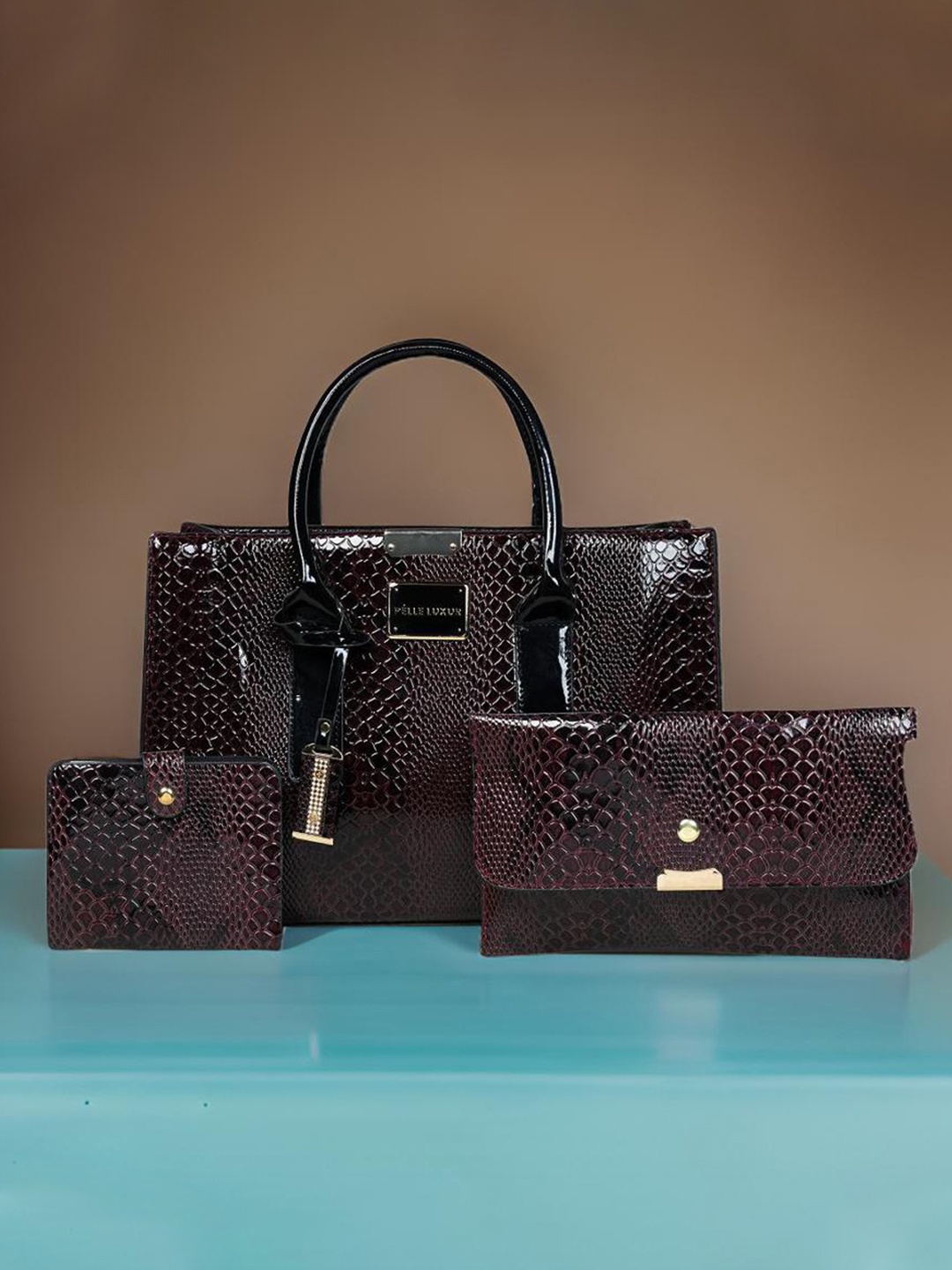 

PELLE LUXUR Women Textured Structured Satchel Bags With Pouch, Purple