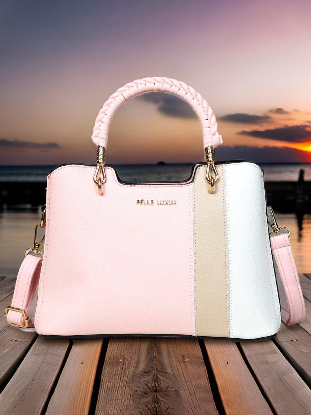 

PELLE LUXUR Women Colourblocked Structured Handheld Bag, Pink