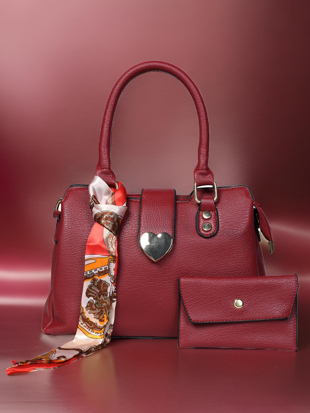

PELLE LUXUR Women Textured Cherry Red Satchel Bags With Pouch