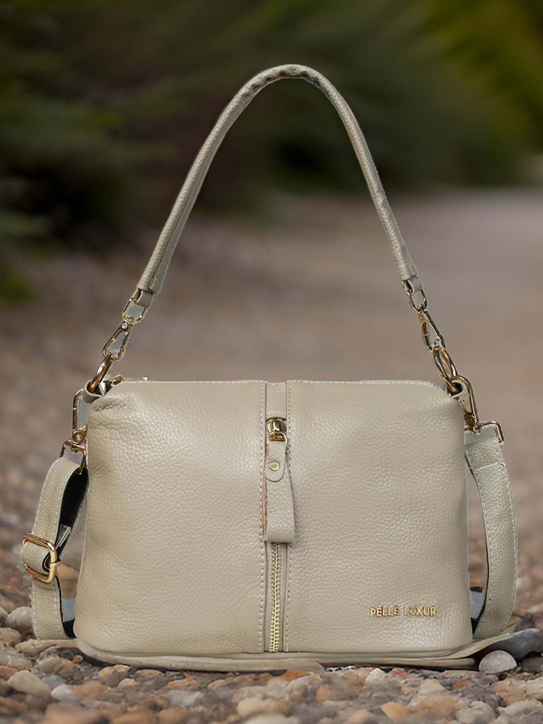 

PELLE LUXUR Women Textured Structured Satchel Bag, Cream