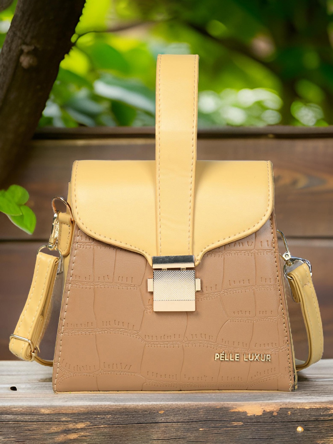 

PELLE LUXUR Women Textured Structured Sling Bag, Brown