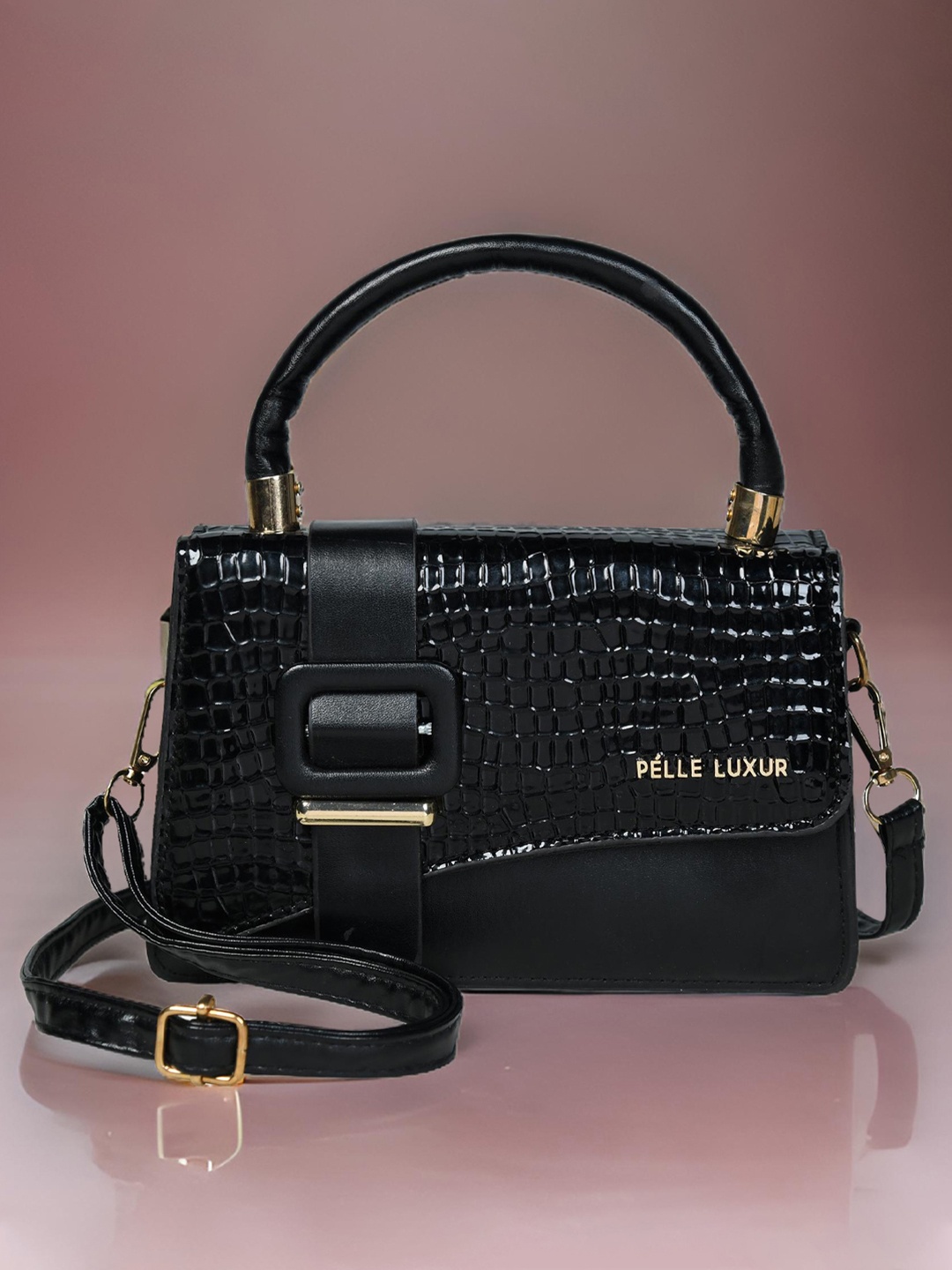 

PELLE LUXUR Women Textured Structured Satchel Bag, Black