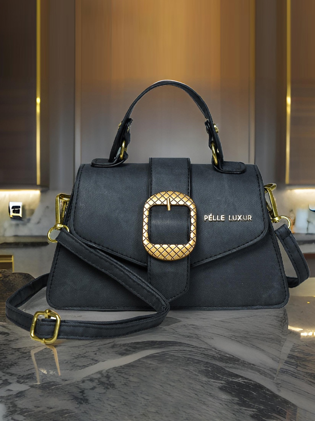 

PELLE LUXUR Women Textured Structured Satchel Bag, Charcoal