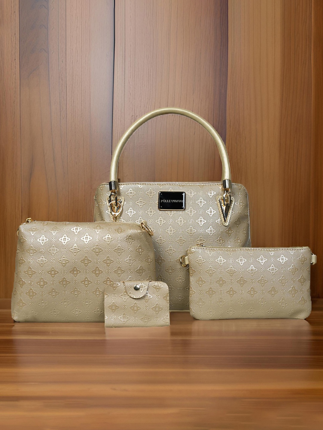 

PELLE LUXUR Women Textured Structured Handheld Bags With Pouch, Beige