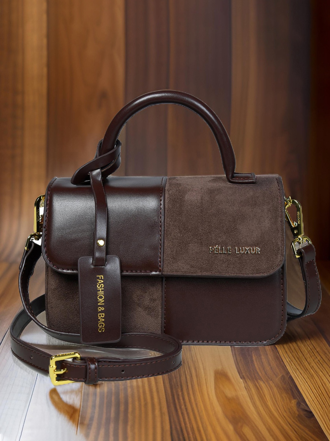 

PELLE LUXUR Women Colourblocked Structured Satchel Bag, Brown