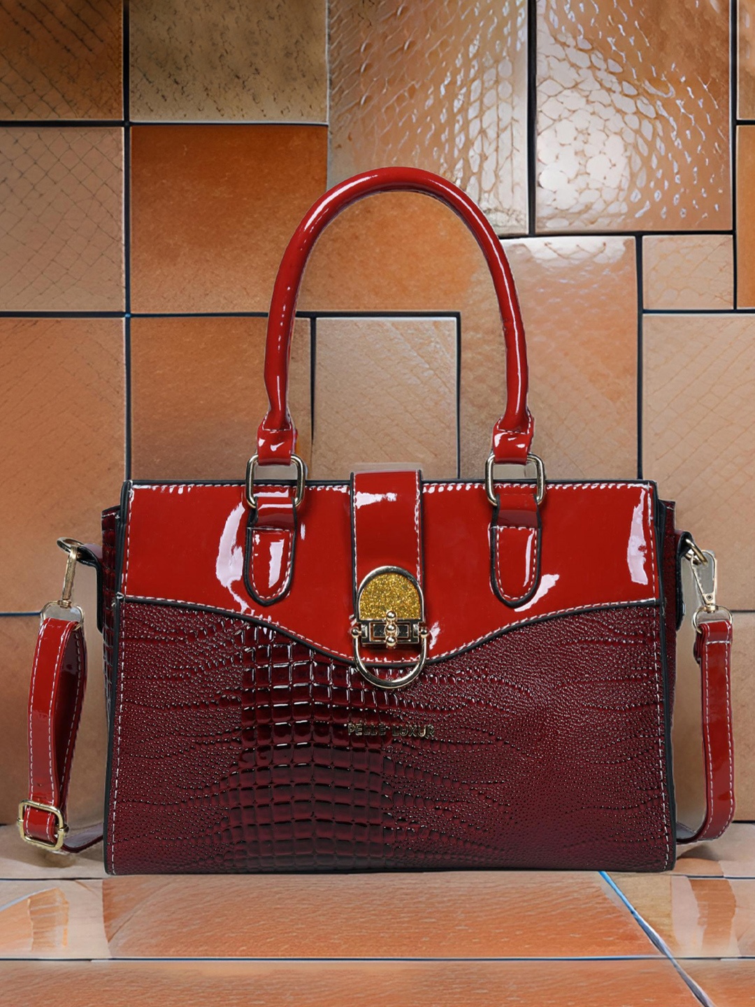 

PELLE LUXUR Women Colourblocked Structured Satchel Bag, Red