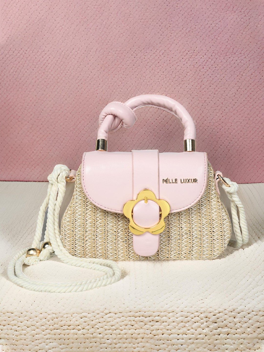 

PELLE LUXUR Women Colourblocked Textured Structured Satchel Bag, Pink