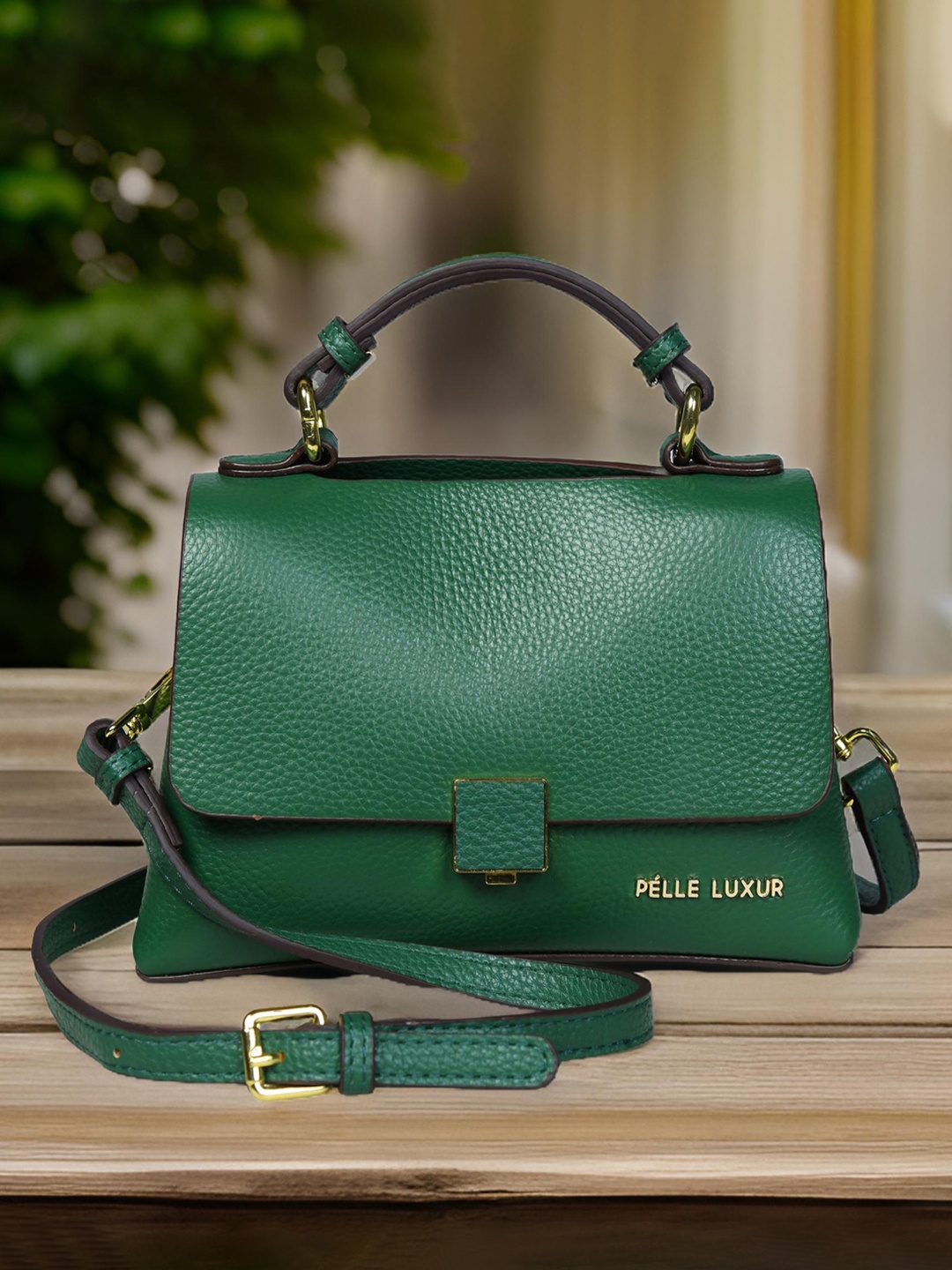 

PELLE LUXUR Women Textured Structured Satchel Bag, Green