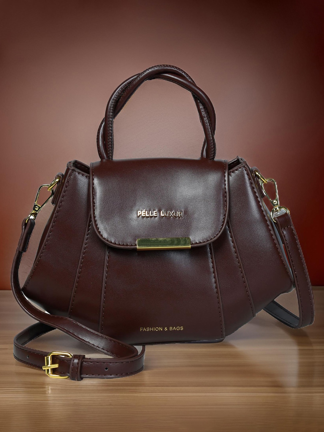 

PELLE LUXUR Women Solid Structured Satchel Bag, Brown